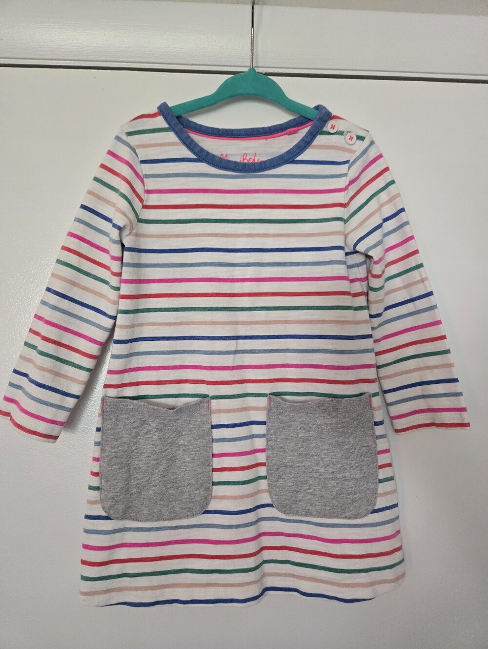 Mini Boden 100% Cotton Rainbow Stripe Long Sleeve Dress Size 2-3Y